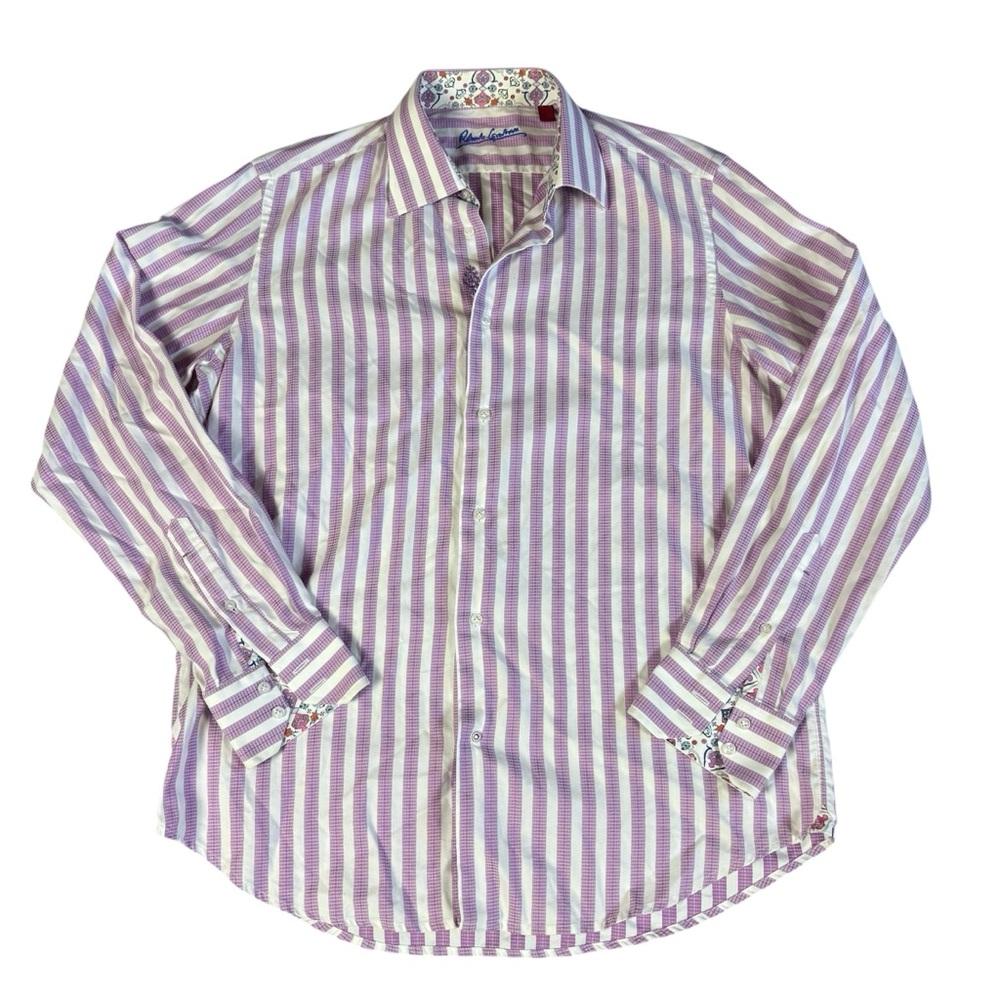 Robert Graham Striped Men's Long Sleeve Dress Shirt Purple Size 42 16.5 Large